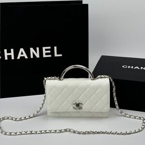 CHANEL White Quilted Leather Mini Top Handle Crossbody